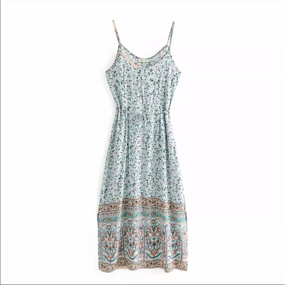 Boho Floral Gypsy Print Cami Midi Dress Blue - Picture 4 of 10
